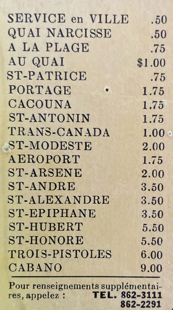 Historique de Taxi Beaulieu Table de prix en 1950